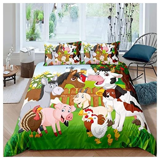 Funda Nordica Cama 90 Infantil Granja Feliz, 3D Juego de Ropa de Cama Dibujos Animados de Microfibra Suave Funda Edredon 150x200 cm y 2 x Fundas de Almohada de 50x80 cm