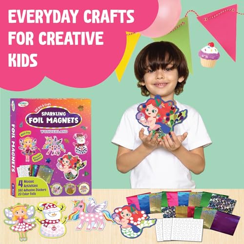 Image of SparkLPlay DIY Craft Kit for Kids - Unicorn Theme Foil Fun Coloring Set, 4 Fridge Magnet Cutouts & 20+ Color Foils. Mess Free. Gift for Kids Ages 4-9