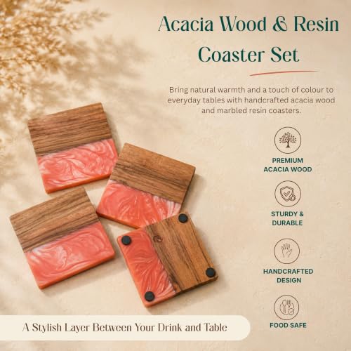 Image of Ireka Home Blush Tide Coaster Acacia Wood and a Dreamy Blush Pink Resin Coaster Pack of 4 |10x10cm | Hand Wash | Modern Tabletop Essentials