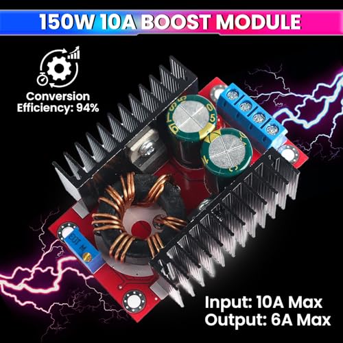 Image of amiciSmart 150W DC to DC Converter - 10A Adjustable Step-Up Boost Converter, 10~32V Input to 12~35V Output, High-Efficiency Power Supply