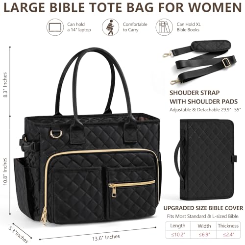 Image of Large Bible Bag with Bible Cover Case for Women, Quilted Church Tote Bag Carrying Case w /Shoulder Strap, Bible Study Supplies Journaling Kit Accessories, Christian Gift for Women Mom Friends Teacher