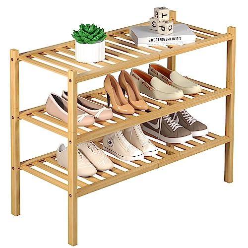 3 Tier Bamboo Shoe Rack for Closet Free Standing Wood Shoe Shelf Storage Organizer for Entryway Small Space Stackable 27″x11″x20″ (Natural)