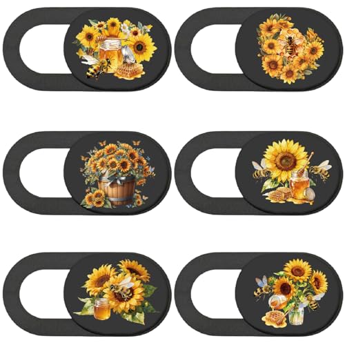 PRESSINART 6 Piezas 6 Estilos Cubierta Deslizante de Cámara con Diseño de Flores para Privacidad de Teléfono Protección de Cámara Abejas Girasol para Portátil Computadora de Escritorio Tableta
