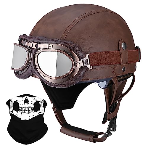 ACLFFSHOP Open Face Moto Style Allemand Casque Rétro Cuir Half Casque, ECE Homologué, avec Pare-Soleil Lunettes d'aviateur, pour Vélos Motos Scooter Toutes...