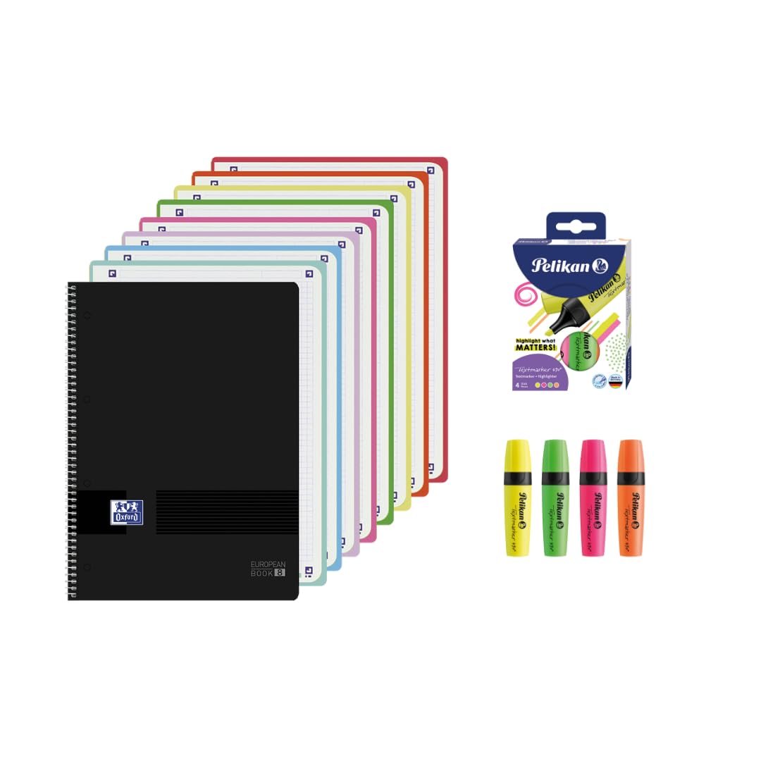 Oxford, A4 Notebook, 8 Coloured Bands, 160 Microperforated Sheets, 5 x 5 Sheets, Black Plastic Cover, Includes 4 Pelikan Neon Highlighters