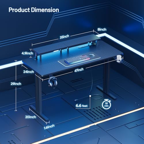 HLDIRECT 47 Inch Gaming Desk with LED Lights & Power Outlet, Computer Gamer Desk with Monitor Stand, Ergonomic Carbon Fiber Gaming Table Home Office Desk with Cup Holder (47INCH) - Image 4