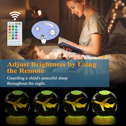 Image of Planes Night Light, Aviation Gifts, 3D Crystal Ball 3.15 Inch (80mm) Airplane Night Light with Remote, Pilot Lamps with 16 Color for Birthday Xmas Cool Figurines Gifts for Room Decor Boys Girls