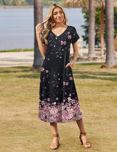 Image of Zeagoo Women Summer Floral Dress Short Sleeve Beach Dress with Pockets Casual V-Neck Split Long T-Shirt Dress Travel Vacation