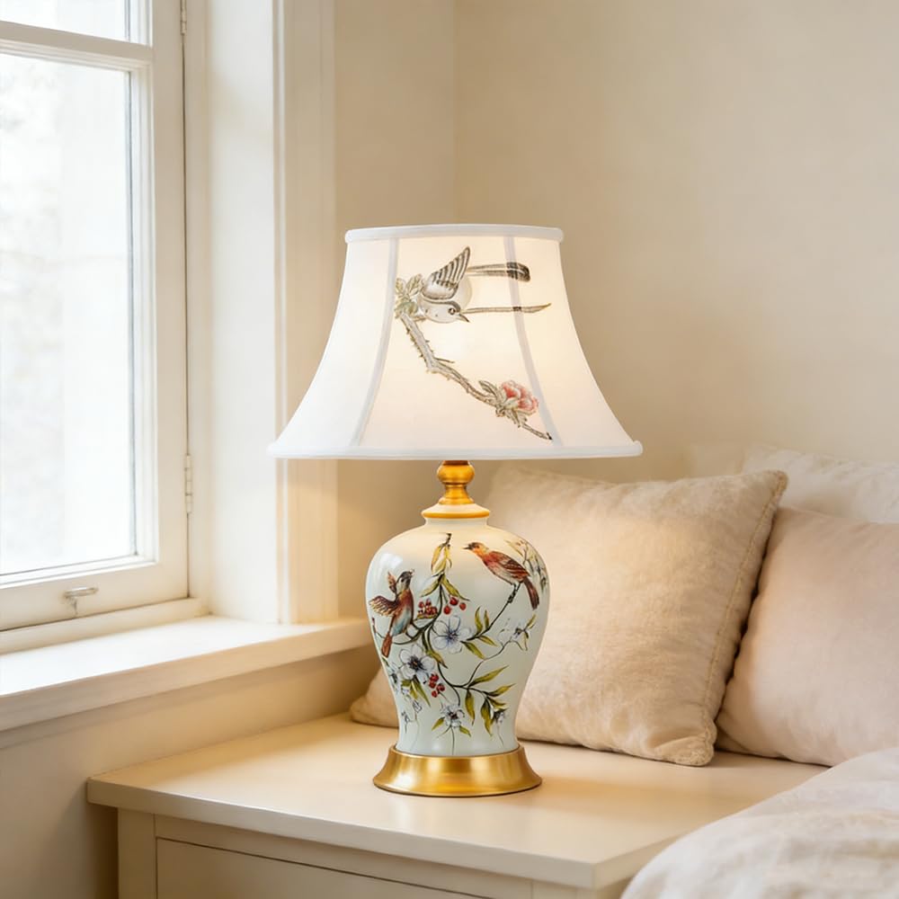 Lámpara de mesa de Cerámica Dormitorio Dormitorio lámpara Moderna estilo americano europeo E27 Lámpara de Noche Dormitorio Lámpara de Escritorio pájaro flor Lámpara De Cabecer salón Estudio (Blanco)