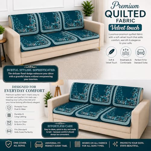 Image of Homerz 'Brooklyn Series' Premium Sofa Cover | Quilted Floral Design | Non-Slip Washable Sofa Protector | Soft Anti Slip Fabric (Teal, 5 (3+1+1) Seater, Seat Cover with Backrest)