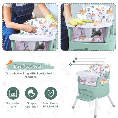4 in 1 portable baby high chairconvertible highchair for babies and toddlers-foldable infant booster seatcarry small boxdining chairtoddler high chair with 5-point harnessremovable tray-green