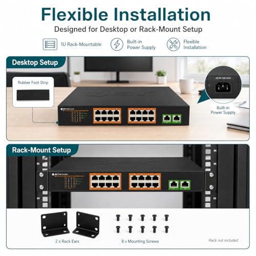Image of BV-Tech 18-Port Gigabit PoE+ Switch | 16 PoE+ Ports @ 120W & 2 Gigabit Uplink Ports | 802.3af /at 30W /Port | Unmanaged Plug and Play | for IP Cameras & Access Points