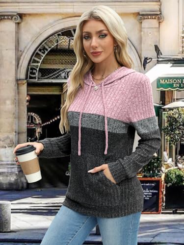 MixShe Women’s Color Block Knit Hoodie – Casual Long Sleeve Pullover Sweater Tops with Pocket