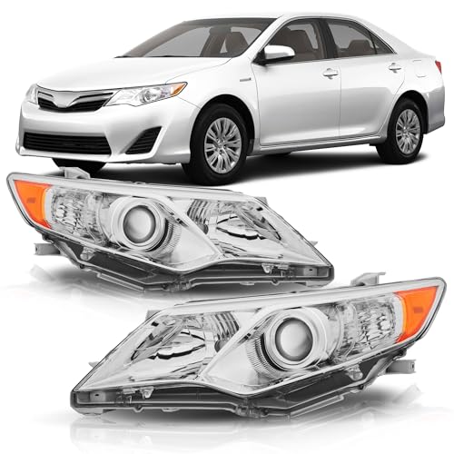 Headlight Assembly Compatible with 2012 2013 2014 Toyota Camry L/LE/XLE/Hybrid LE XLE Halogen Headlamp, Chrome Housing Amber Reflector