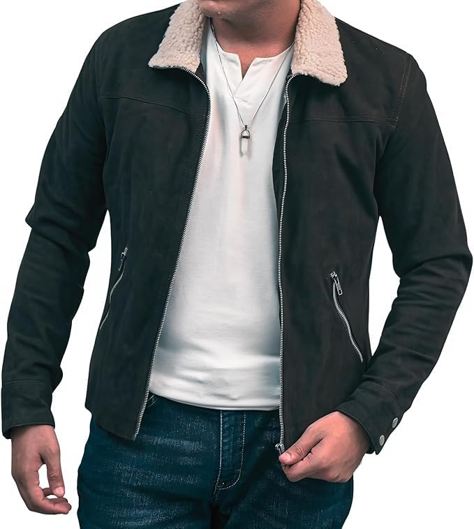 Men’s Vintage Brown Suede Leather Jacket – Rick Grimes-Inspired Motorcycle Coat with Fur Collar3