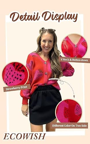 ECOWISH Women Floral Cropped Cardigan: Fall Long Sleeve Open Front Fuzzy Daisy Print Knit Sweaters Casual Y2k Outerwear 358Red M