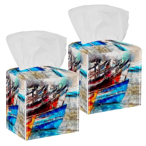 2PCS Square Tissue Box Cover, Watercolor Boats Fishing Sea Art Leather Tissue Case Facial Paper Organizer Dispenser for Vanity Toilet Tank Dresser Night Stand Table Countertop Office Car