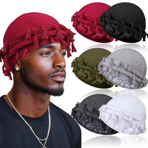 6 Pack Satin Lined Turban for Men, Silky Pre-Tied Head Wraps – Hair Protection Sleep Cap for Waves, Braids