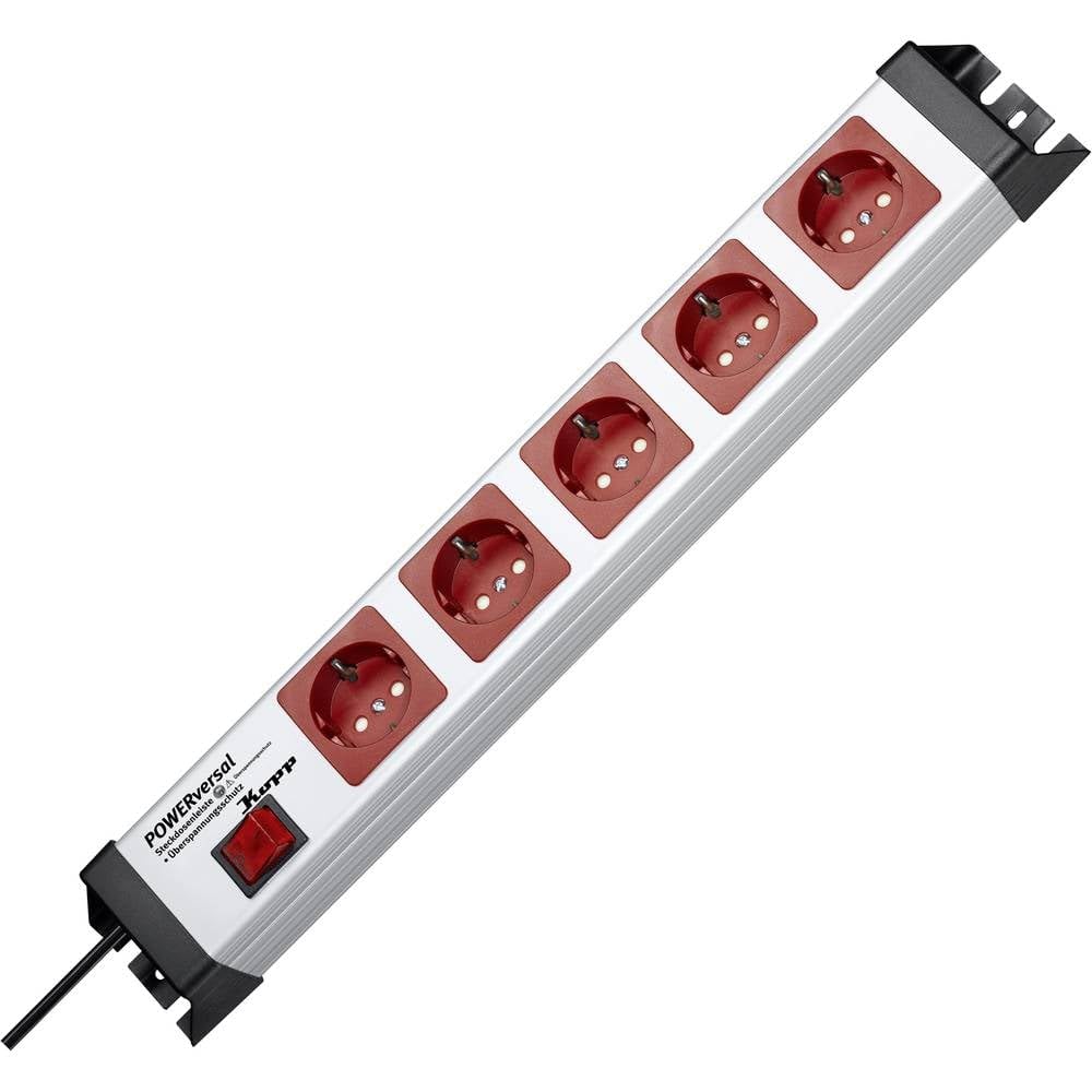 Kopp 227720019 - Regleta de 5 enchufes con filtro de sobretensión e interruptor, color rojo y gris