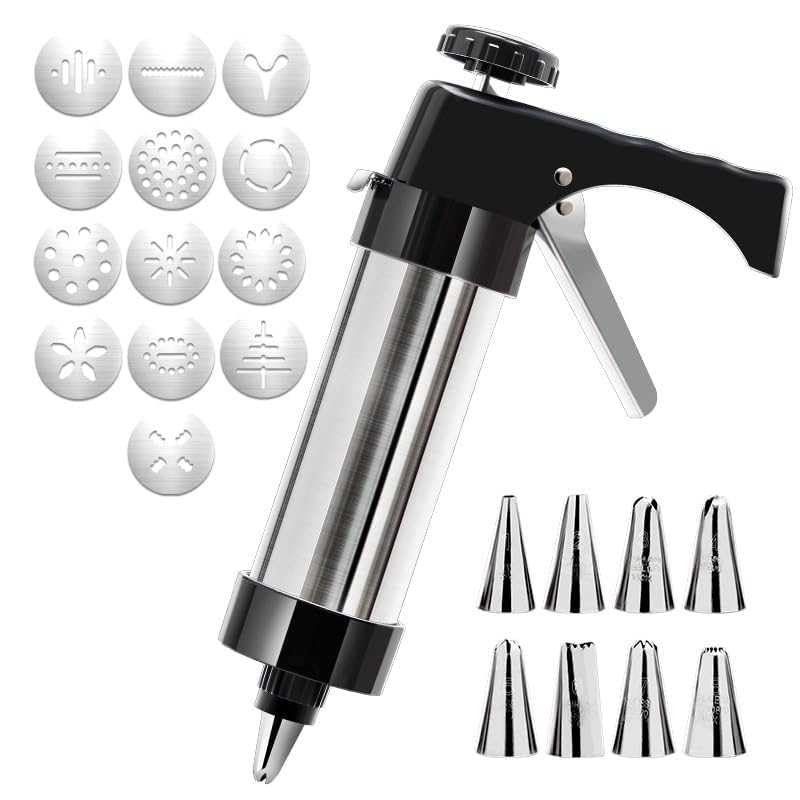 Kit de pistola de prensa de galletas de acero inoxidable, 13 discos y 8 boquillas, juego de decoración de glaseado de pasteles, máquina de bomba para hacer galletas para fiesta de cumpleaños