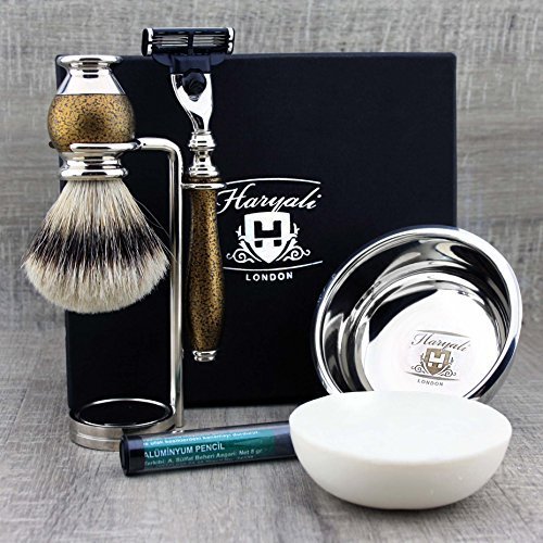 Haryali London Gold Antik Design męski zestaw do golenia 3 Edge, brzytwa, pędzel do golenia, miseczka do golenia, mydło do golenia, stojak do golenia i sztyft Alaun