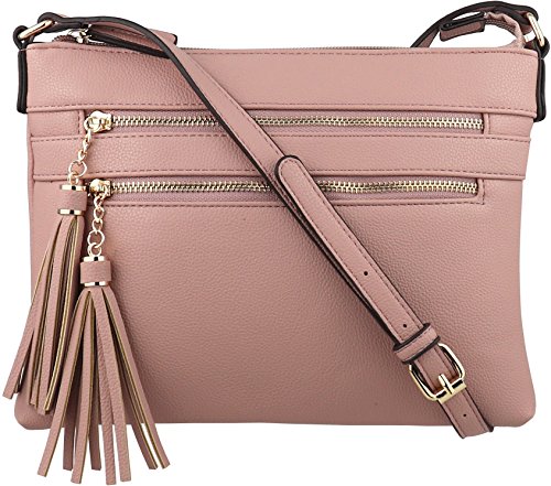 B BRENTANO Vegan Multi-Zipper Crossbody Handbag Purse with Tassel Accents (Blush(N))