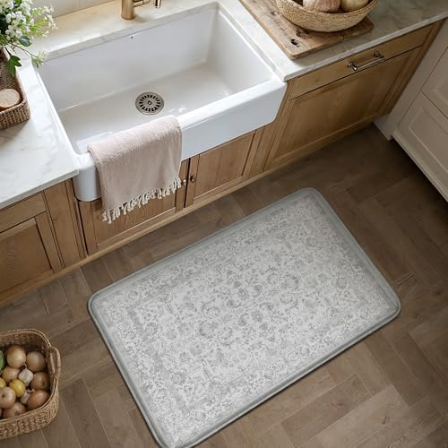 Kitchen Mats for Floor Anti Fatigue Cushioned Gray Vintage Kitchen Mats Waterproof Non Slip Comfort Standing Grey Retro Floral Rug for Sink Laundry Of