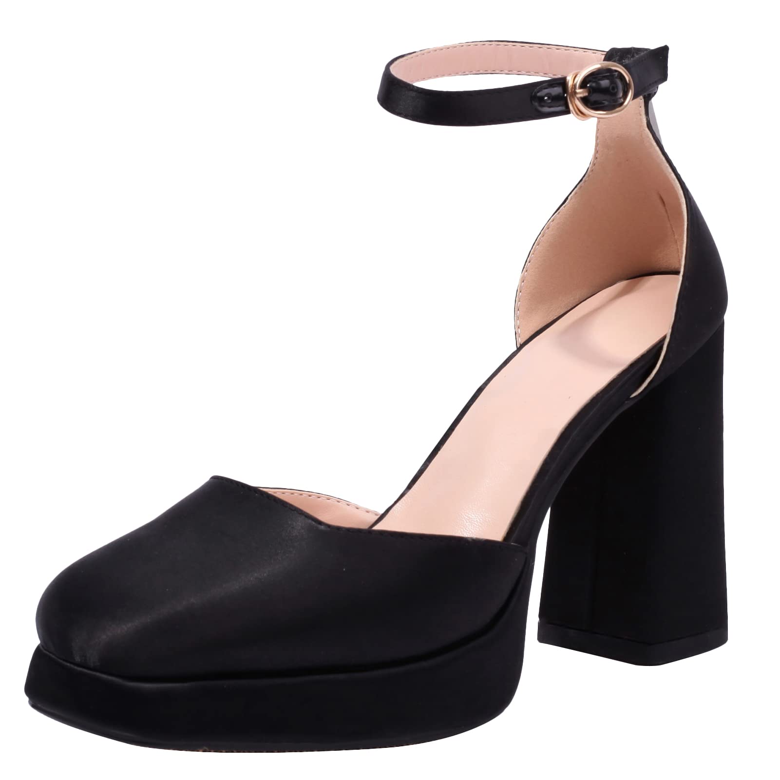 XIEWANG Women's Platform Chunky Block High Heels Closed Toe Ankle Strap Pumps Court Shoes