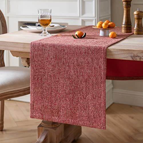 Image of ZeeMart Burlap Style Farmhouse Table Runners 72 Inches Long, Red Rustic Woven Dining Table Runner for Everyday Use, 14x72 Inches, Red