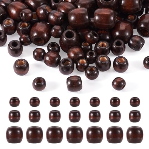 Craftdady 300Pcs Wooden Large Hole Round Bead Dreadlock Hair Braid Bead 3 Sizes Barrel European Wood Spacers for Macrame Garland Bracelet Making