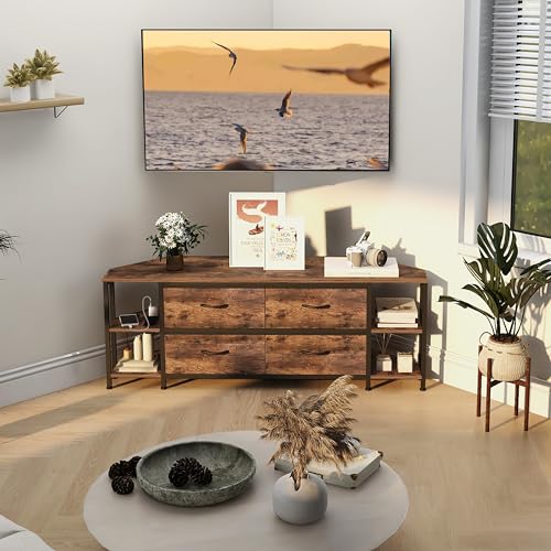 GiftGo Corner TV Stand for Living Room With 4 Drawers and Power Outlet - Industrial Entertainment Center for TVs up to 55 Inches, Farmhouse Console Table (Rustic Brown, Medium) by GiftGo - Image 8