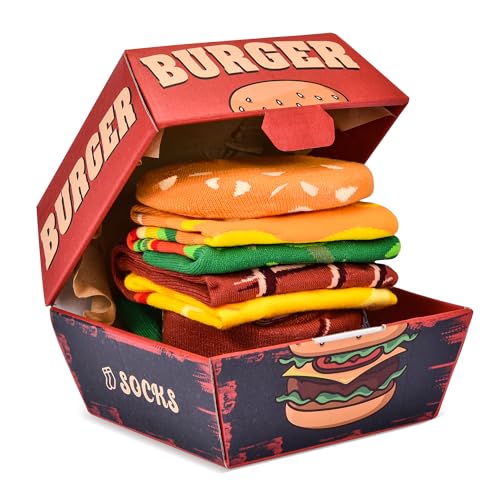 Lustige Burger Socken Box Herren Papa Jungen - Hamburger Geschenke für Männer Teenager ihn Opa Witzige Coole Socken mit Motiv - Geschenkideen Ostern Weihnachten Geburtstags Geschenk Vatertag - 2 Paar