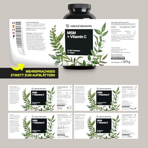 natural elements MSM 2000mg + natürliches Vitamin C – 365 Tabletten statt Kapseln – Methylsulfonylmethan – hochdosiert, vegan – in Deutschland laborgeprüft