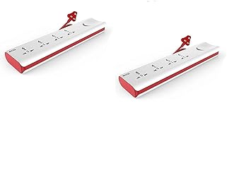 GM 3060 E-Book 4 + 1 Power Strip Red & White Color 240 Volts with Master Switch, Indicator, Safety Shutter & 4 International sockets, Extension Cord for Home Appliances, Cooler, Laptop, Pack of 2