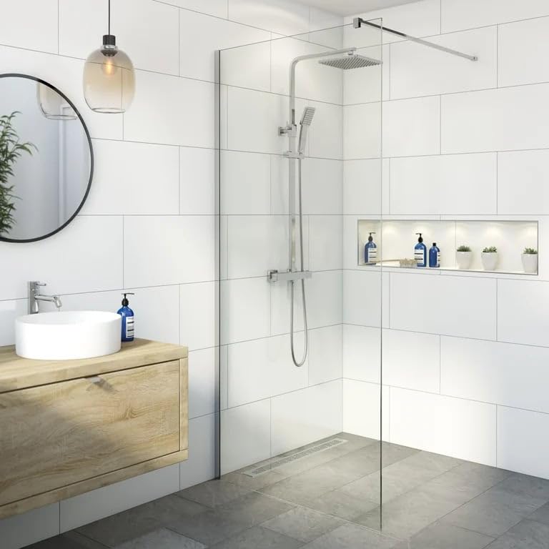 BAYSTONEยฎ 760mm Wet Room Shower Screen Panel 8mm Toughened Safety Easy Clean Glass Walk in Shower Enclosure, Frameless, Chrome