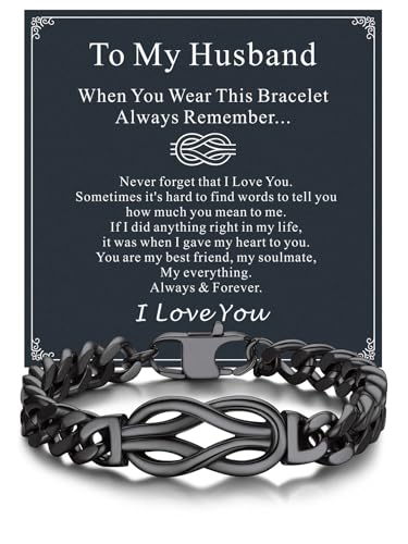 Bandmax to My Husband Bracelet Gift for Husband on Anniversary Valentines Day Christmas Stainless Steel Black Heavy Duty Inifinity Love Knot Pendan Mens Cuban Chain Bracelet 8 Inch