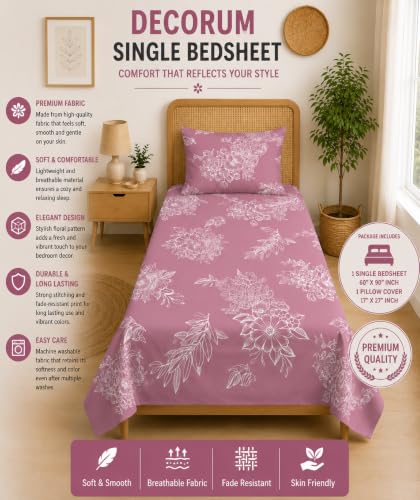Image of DECORUM Glace Cotton Single Bedsheet with 1 Pillow Cover | Soft, Durable, Lightweight & Skin-Friendly Fabric| Suitable for Single /Diwan Bed Size