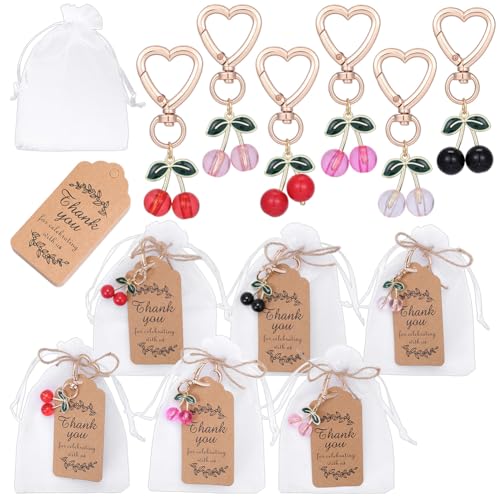 30 Porte-clés Cerise en Alliage avec Étiquettes Merci pour Invités