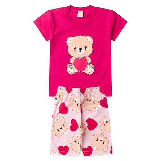 Conjunto Verão Menina Blusa e Shorts Ciclista Ursinho Coração