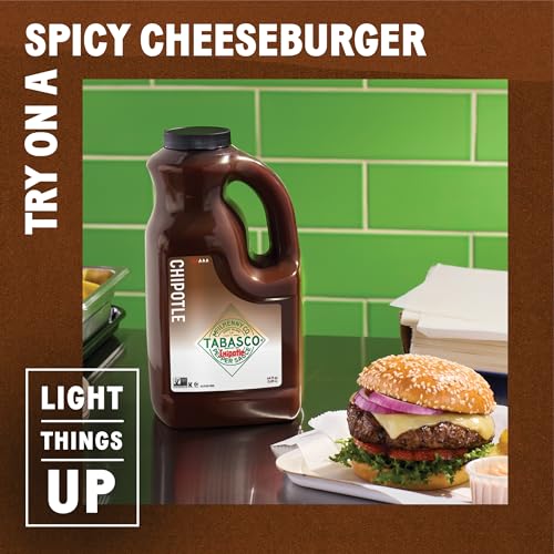 Image of TABASCO Brand Chipotle Pepper Sauce, Medium Hot Sauce, Bulk Plastic Jug, Smoky & Smooth, Perfect for Large Recipes, Great for Marinating or Grilling Meats & More, 64 Fl Oz (Pack of 1) | Value Size Slow-smoked Chipotle Pepper Hot Sauce, Smooth Chipotle Sauce for Grilling, Marinade, Tacos, Burritos, Steak & More
