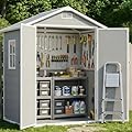AIRAJ 6x4FT Outdoor Storage Shed,Garden Resin Tool Shed with Window&Vents,Lockable Door&Ramp,Waterproof Storage Shed with Floor Suitable for Patios,Gardens, Backyards and Construction Sites
