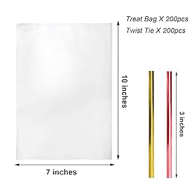 Morepack Cello Cellophane Treat Bags,200 PCS Clear Pastic Gift Bags with Twist Ties,Party Favor Bags (7x10)