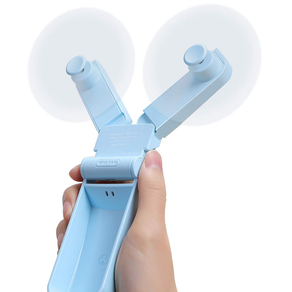 Portable Handheld Fan, Personal Mini Pocket Hand Held Fan USB Rechargeable for Woman Girls Outdoor Travel, Dual Head with 2 Speed Strong Wind (Blue)