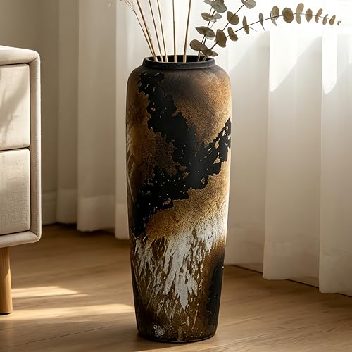 Duoqulou Jarrón de suelo de cerámica rústica grande, 50 cm, jarrón vintage bohemio para decoración del hogar, jarrón de terracota con textura para salón, estantería o entrada