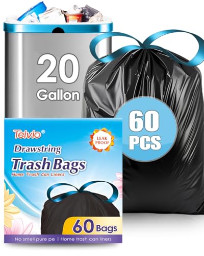 Image of Teivio 20 Gallon 60 Counts (fit 18-20 Gal) Large Drawstring Trash Bags Strong Tall Kitchen Compactor Bags Garbage Bags for Home /Office /Light Residential Waste /Outdoor Trash Can, Lawn,Black Trash