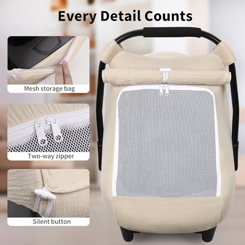 Image of Rquite Car Seat Cover Baby, Carseat Covers Girl Boy, Breathable Muslin Cotton, Large Mesh Window, Infant Car Seat Canopy Baby Carrier Cover Stroller Sun Shade for Summer & Hot Day, Beige