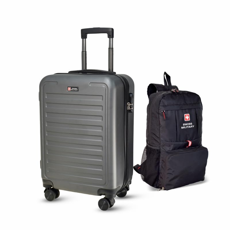 Image of SWISS MILITARY Contour Luggage Bag 42L & Foldable Backpack 13.2L Combo | Textured Hard-Sided Trolley Bag,Cabin Luggage, Overnighter Trolley Bags| Foldable Bag for Travel | Bagpacker Bag