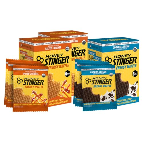 Image of Honey Stinger Organic & Gluten Free Energy Waffle Variety Pack of 18, 12 Salted Caramel and 6 Cookies & Cream Waffles, Nutritious Stroopwafel Snack for Exercise, Endurance and Performance