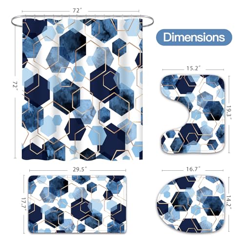 Litabel 4 Pcs Navy Blue Modern Geometric Shower Curtain Set with Non-Slip Rugs, Toilet Lid Cover and Bath Mat, Abstract Bathroom Decor Set with Shower Curtain and Rugs by Litabel - Image 6