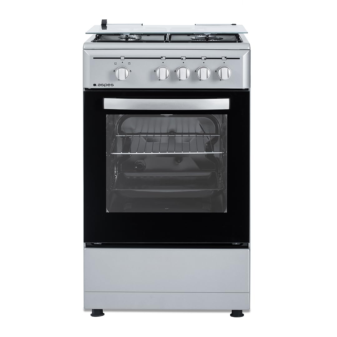 Aspes Cocina Gas Butano 4 Zonas de Cocción, Horno 43 L, Inox, AKG4501X. Control Manual, 2 Programas de Cocción, Cristal en Puerta de Doble Capa, Tapa Abatible